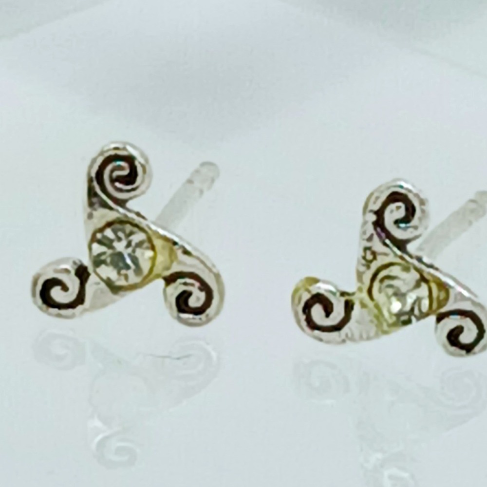 Sterling Silver 925 Celtic Triskelion Stud Earrings Crystal Triple Spiral